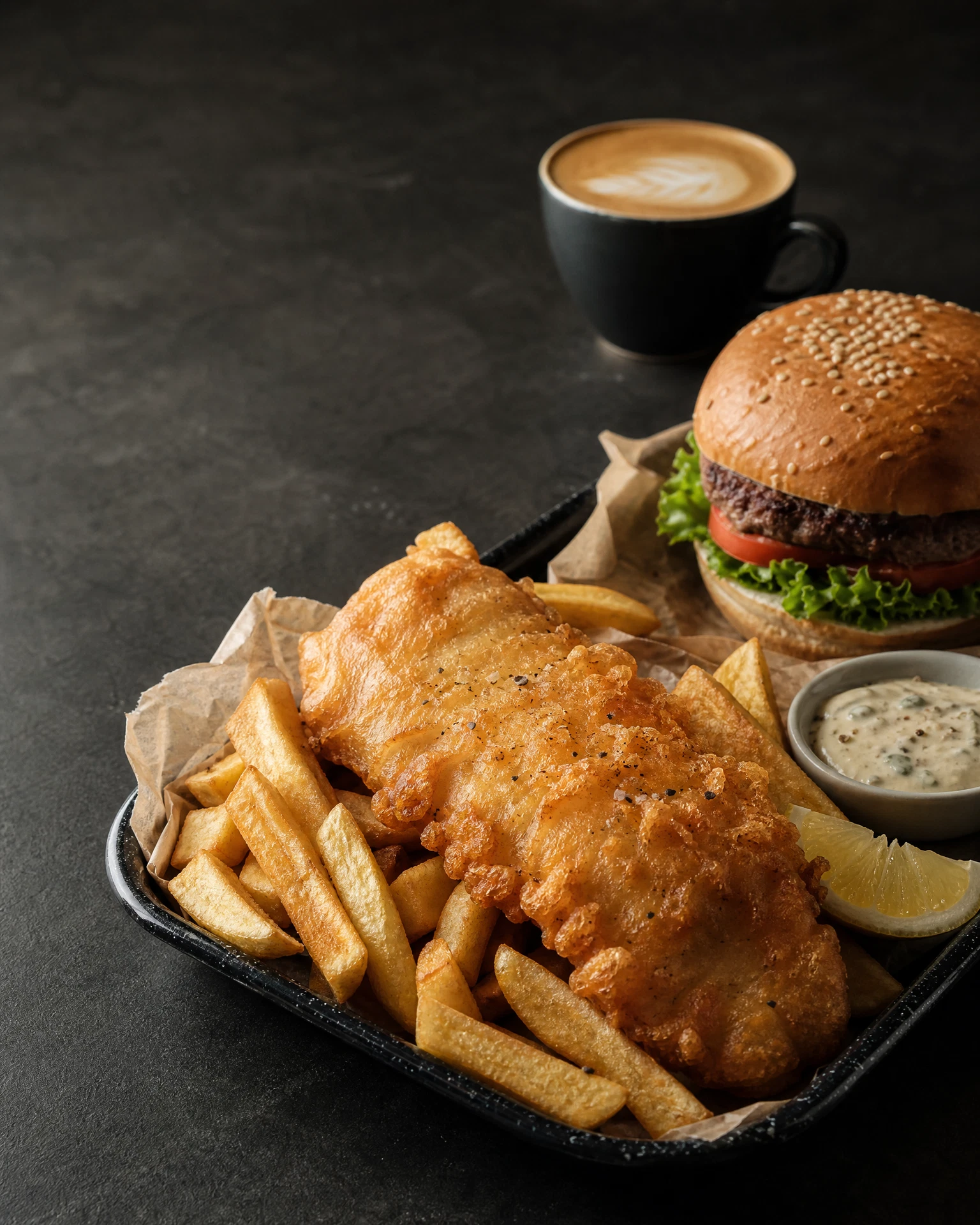 Golden fish and chips with a classic burger and coffee